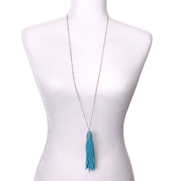 Charming Charlie Gold Blue Turquoise Beaded Fringe Pendant Statement Necklace - Picture 8 of 8